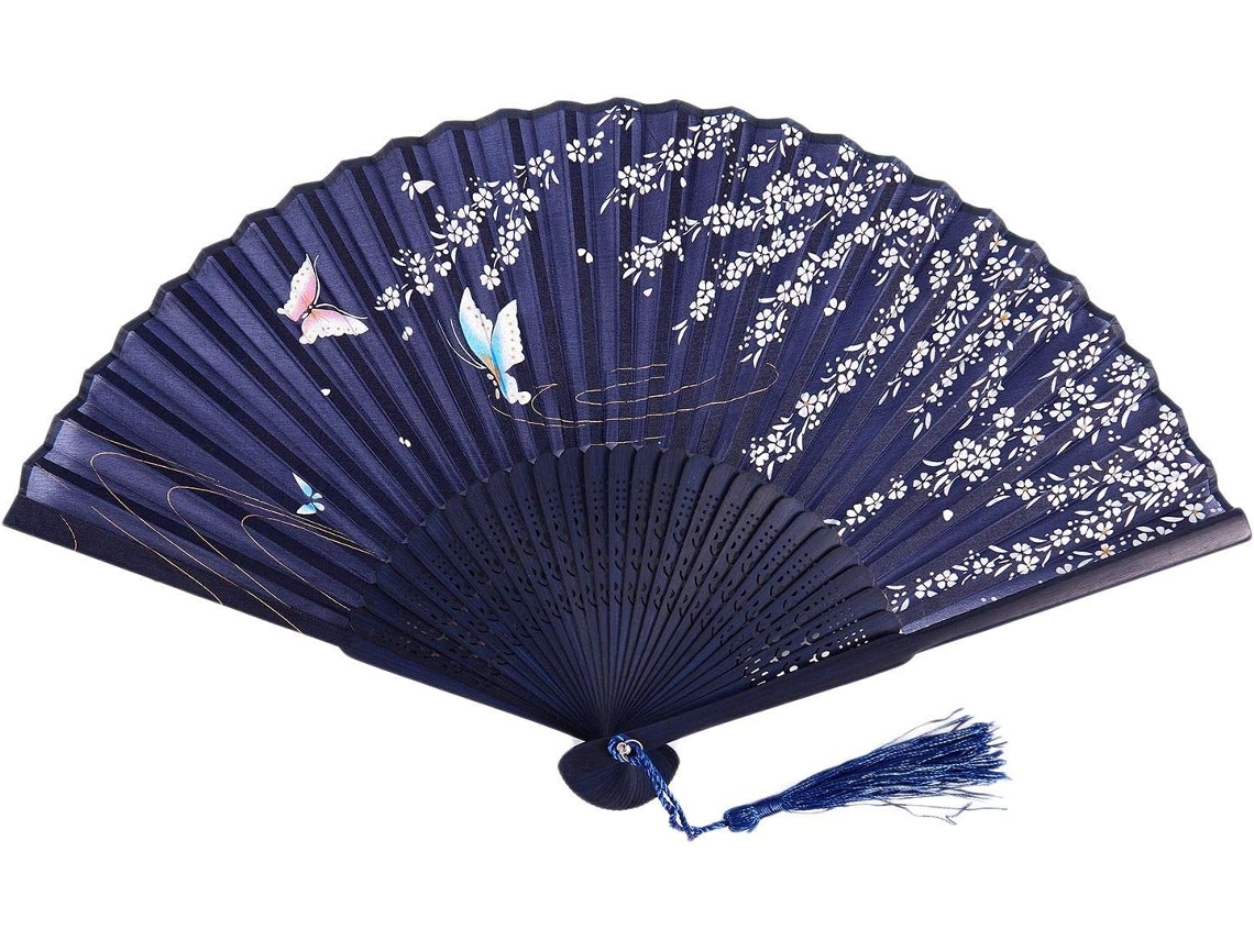 Leque de renda de bambu flexível com padrão de flor e flor.