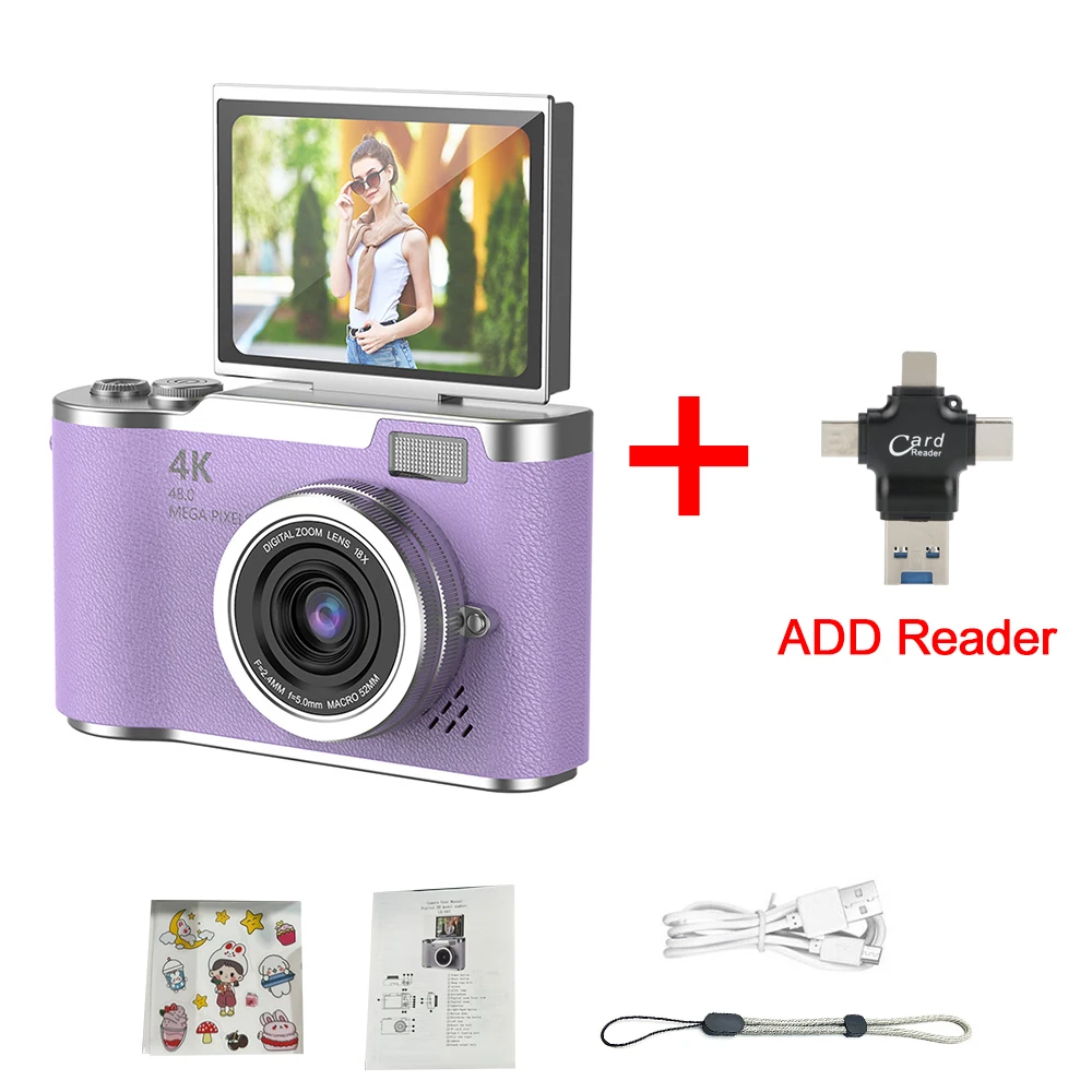 Câmera Digital 4k 48 Megapixels Câmera Infantil Foco Automático Tela de 2, 4 Polegadas 180° Flip MDUG (roxa com Leitor de Cartão Sem Cartão)