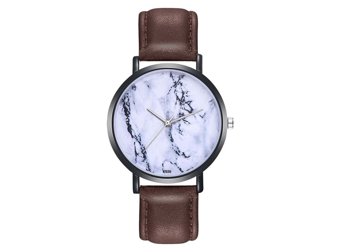 Relógio de quartzo unissex com pulseira casual de couro PU marrom.