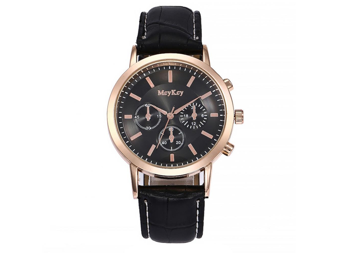 Relógio masculino de quartzo, liga metálica, mostrador redondo, estilo casual e formal, pulseira preta e caixa dourada.
