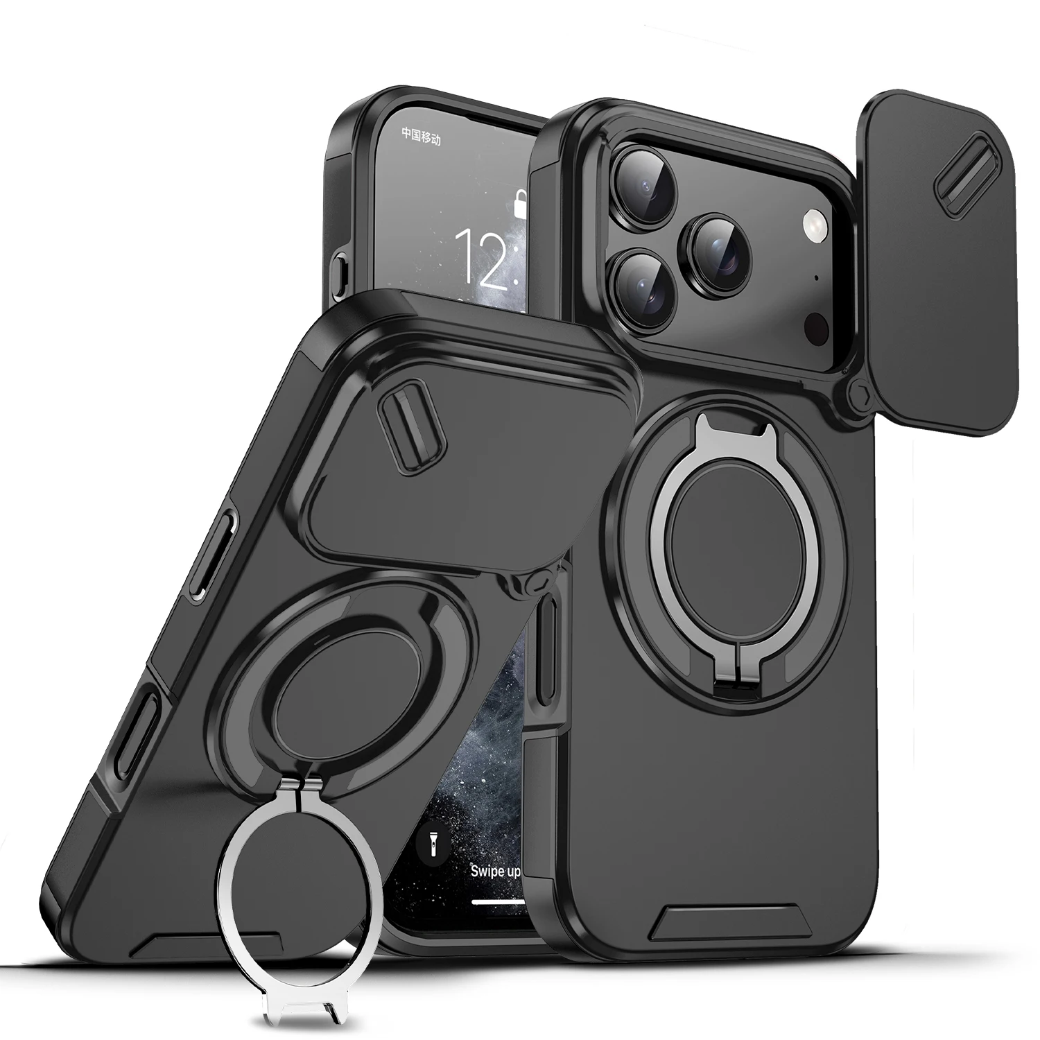 (preto, Iphone 16 Plus) Capa Magnética Resistente Com Suporte De Anel 360° E Tampa De Câmera Deslizante Antichoque