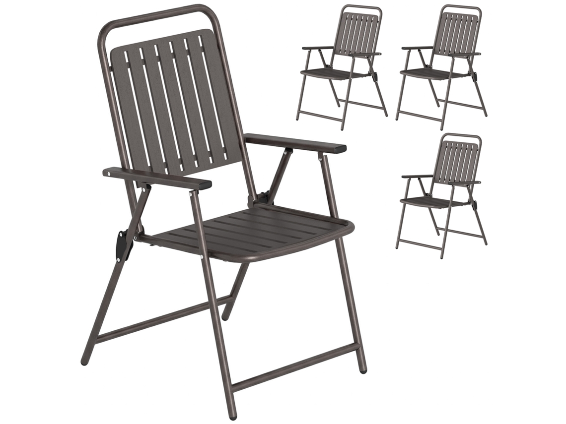 Conjunto de 4 Cadeiras Dobráveis de Jardim Externa com Apoios de Braço, Encosto e Estrutura Metálica do Assento 55x63x93 Cm Marrom Ge