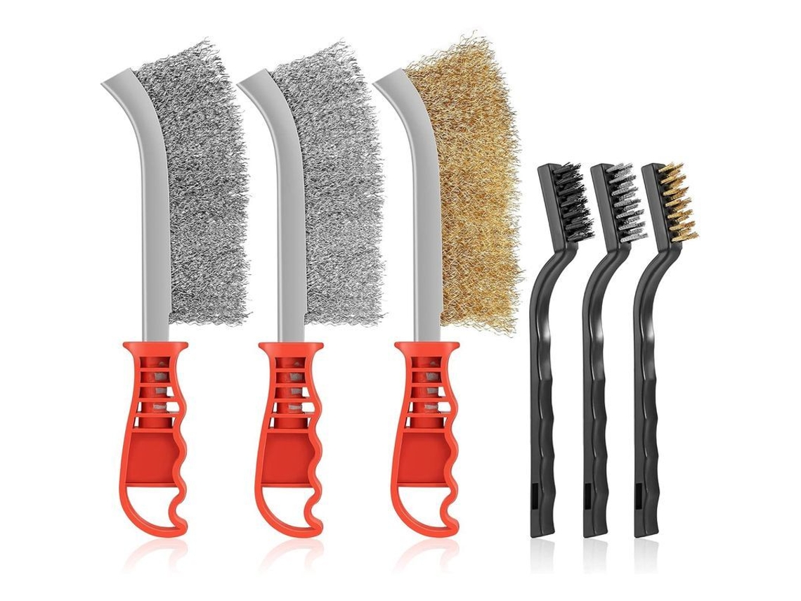 6 escovas de arame, escovas manuais de metal em nylon, latão e aço inoxidável para limpeza de escória de solda e arranhões.