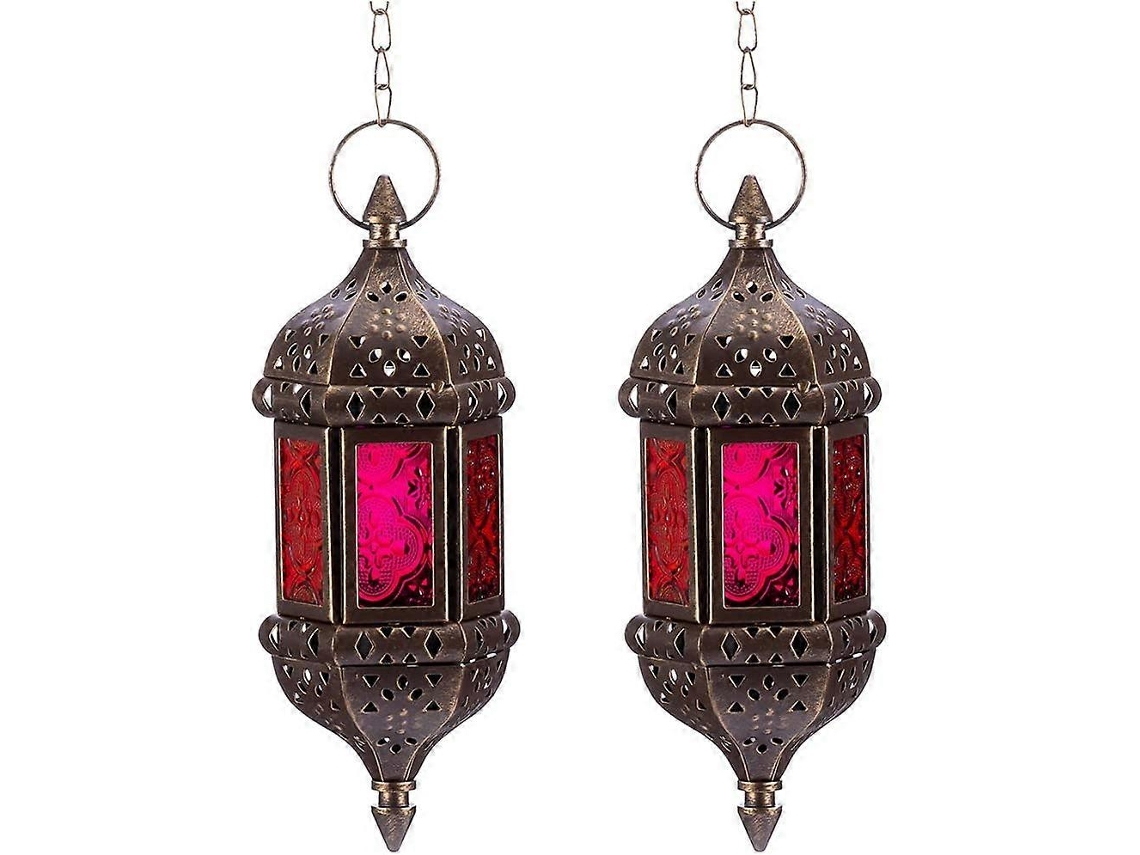 Omni 2 Portavasos de Vela Hexagonales Colgantes Estilo Moroccano de Hierro Bronce Con Cristal Rojo Y Púrpura