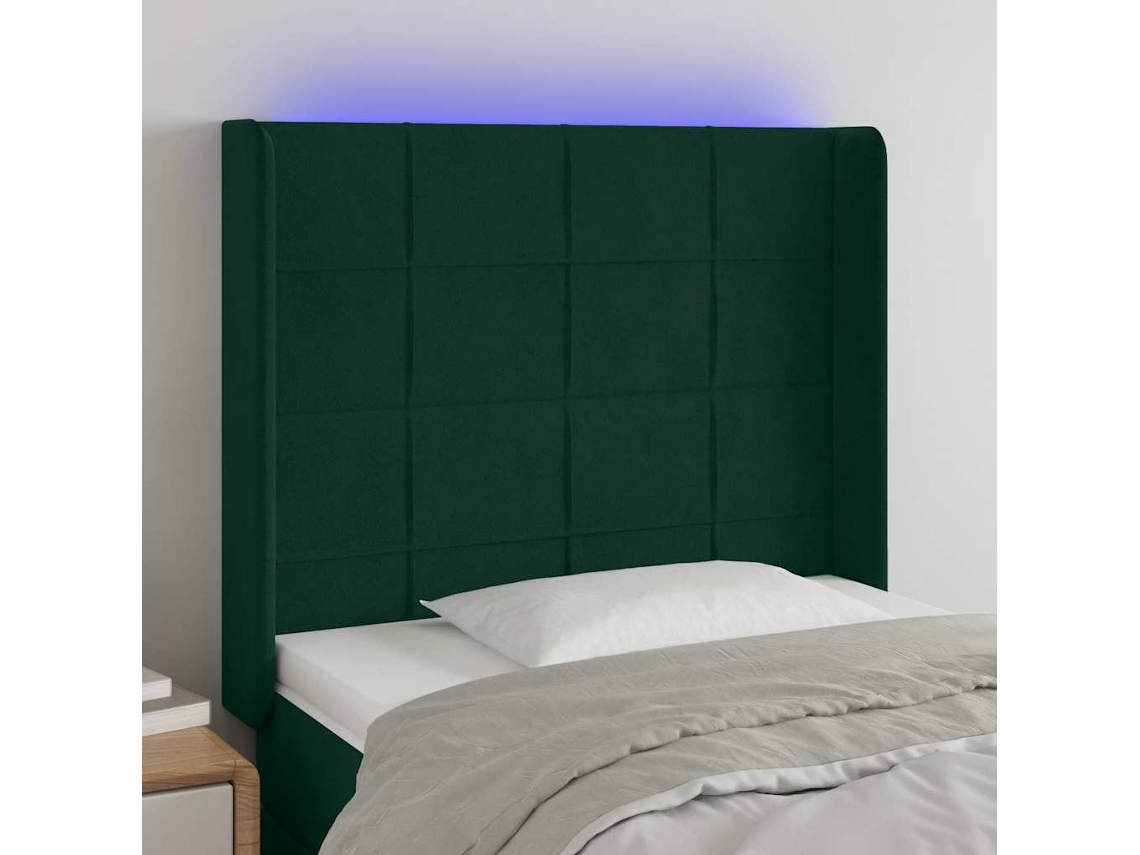 Vidaxl Cabeceira Cama C/ Luzes Led Veludo 93x16x118/128cm Verde-escuro
