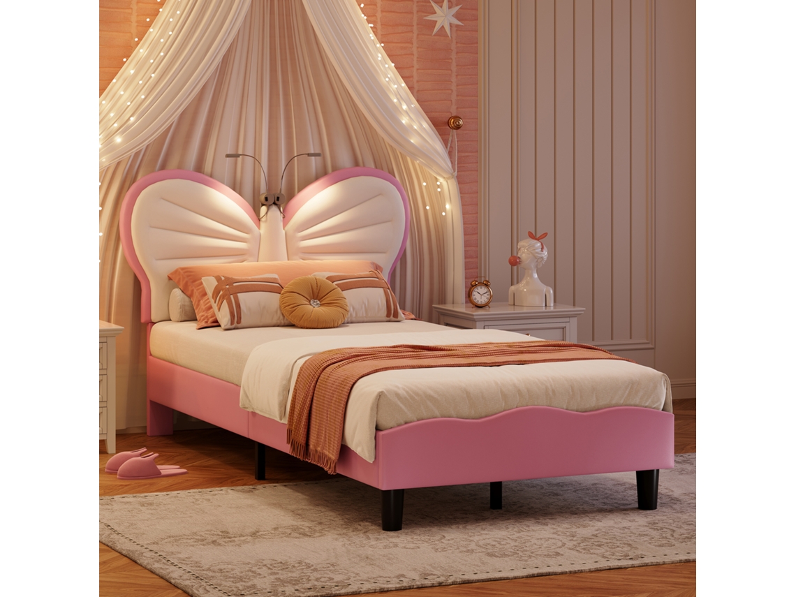 Cama Infantil Estofada 140x200 com Cabeceira de Princesa Veludo com Led Sem Colchão BURSDANY
