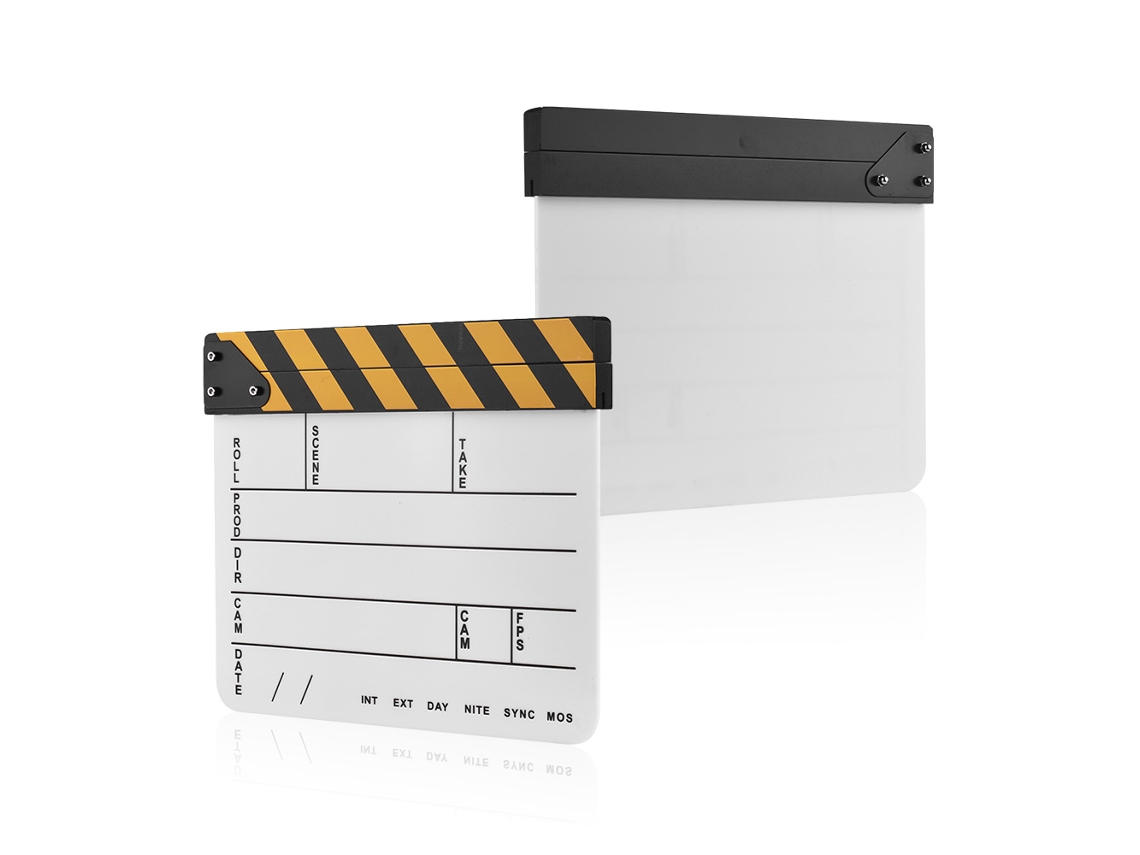Pizarra De Cine Acrílico Borrable Con Palillo Amarillo/negro, Clapboard Para Películas Y Tv, Escena De Acción, Blanco