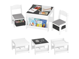 Mesa 3 de Peças e 2 Cadeiras para Crianças com Tampo Reversível de Quadro negro, Cesta de Armazenamento e Prateleiras