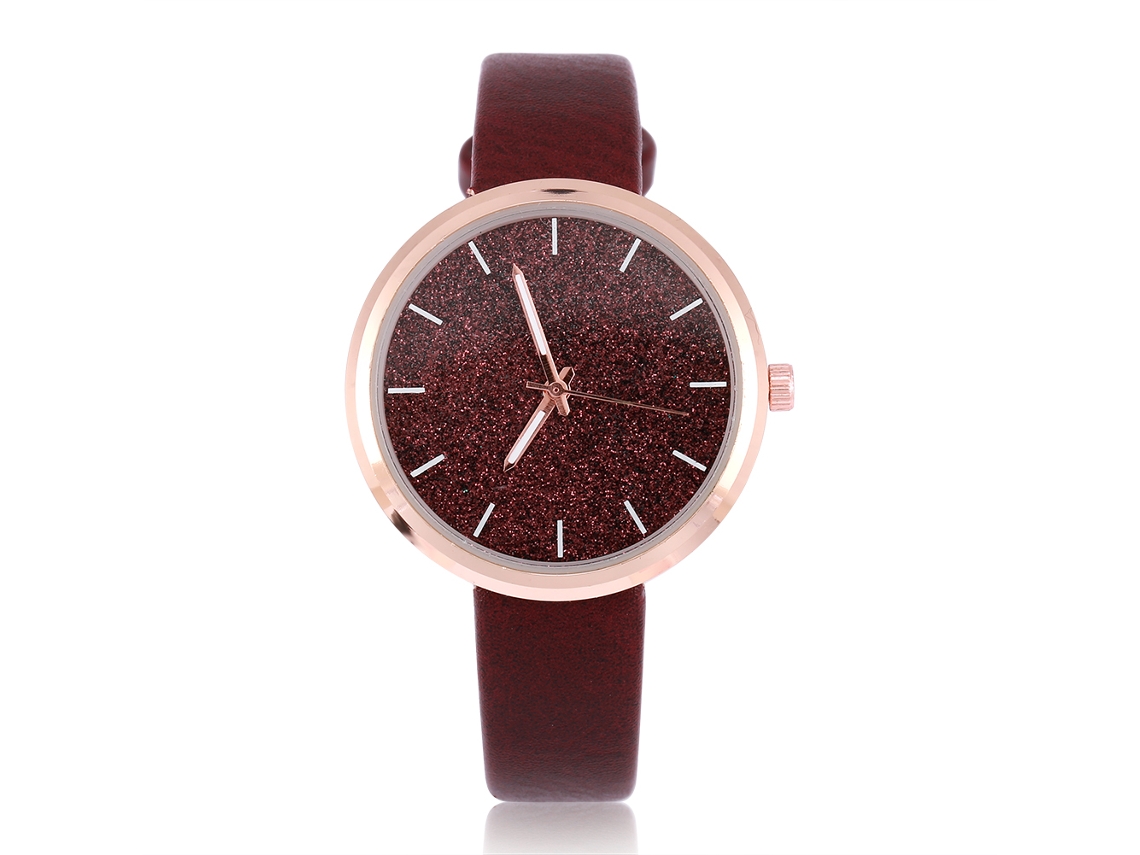 Relógio de Pulso Feminino Quartzo com Mostrador Grande Brilhante Pulseira Pu Café