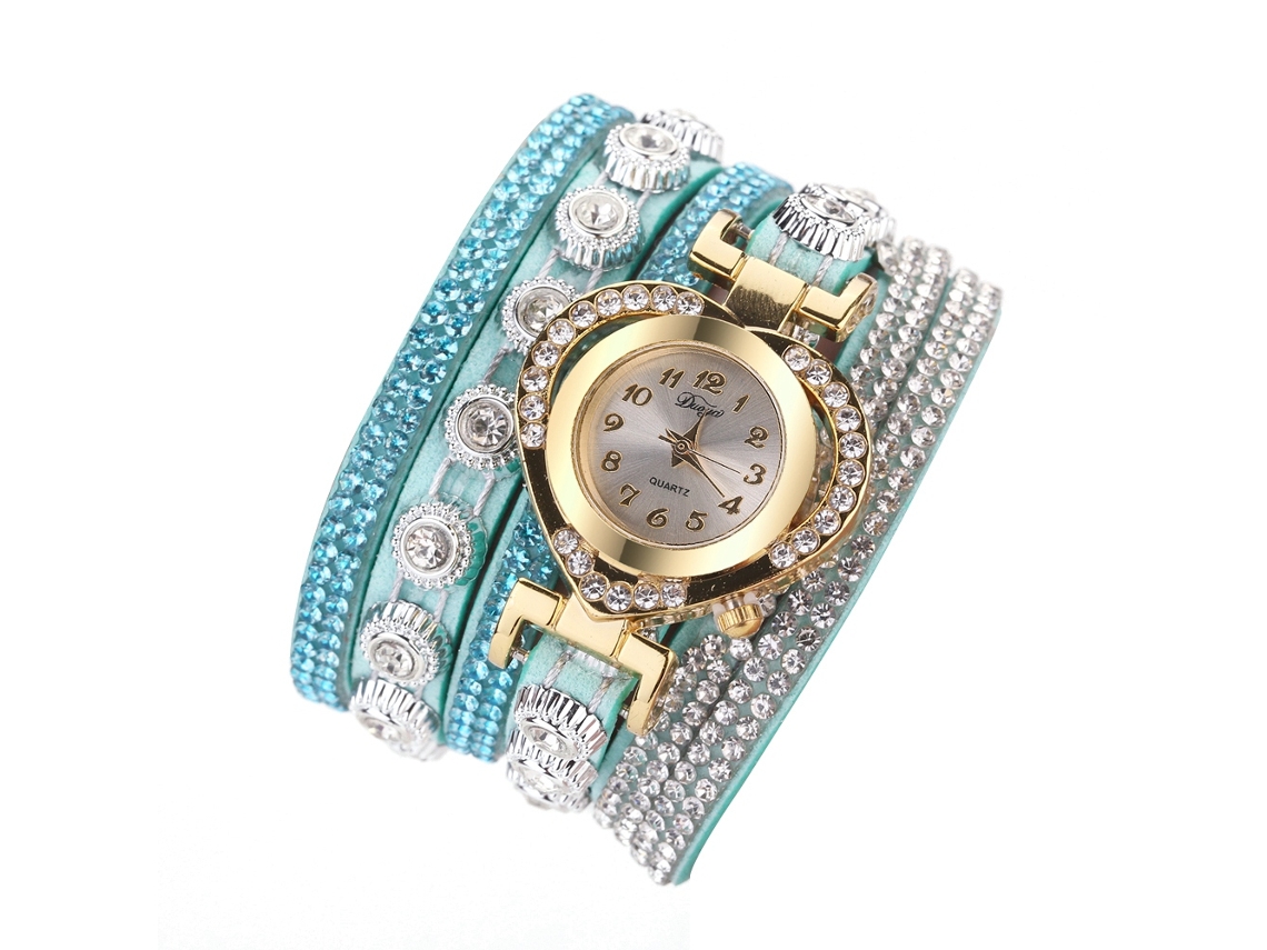 Relógio de Pulso Feminino Retro de Quartzo Multicamada com Strass Coração Azul Céu