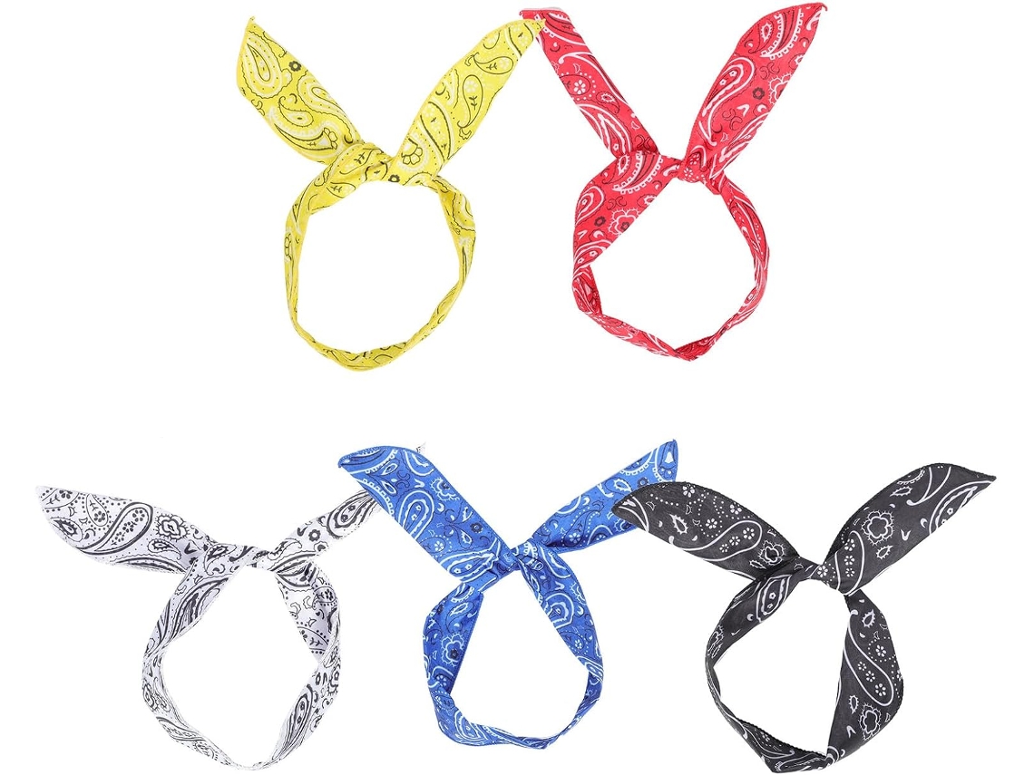 Conjunto de 5 faixas de cabelo texturizadas com orelhas de coelho e estampa de laço elegante.