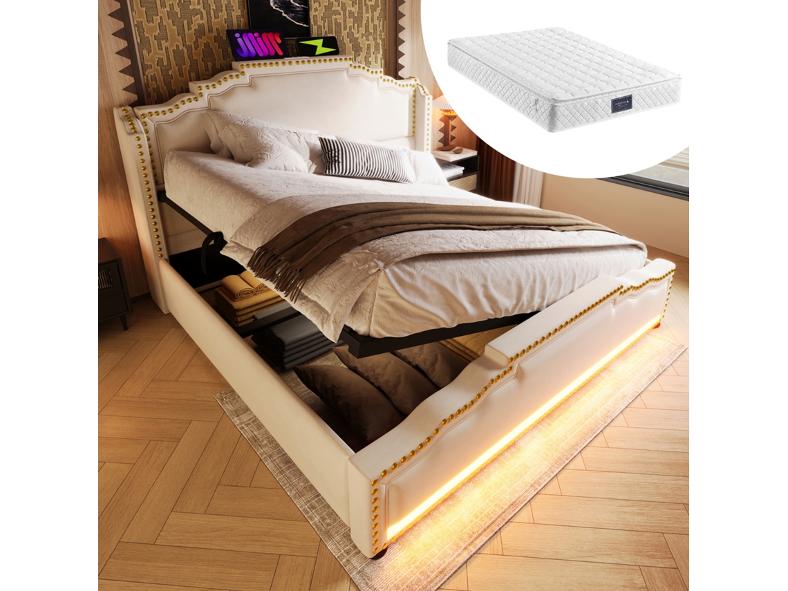 Cama Casal 140x200 Com Armário Hidráulico Led Usb-c Colchão Bege Cetim