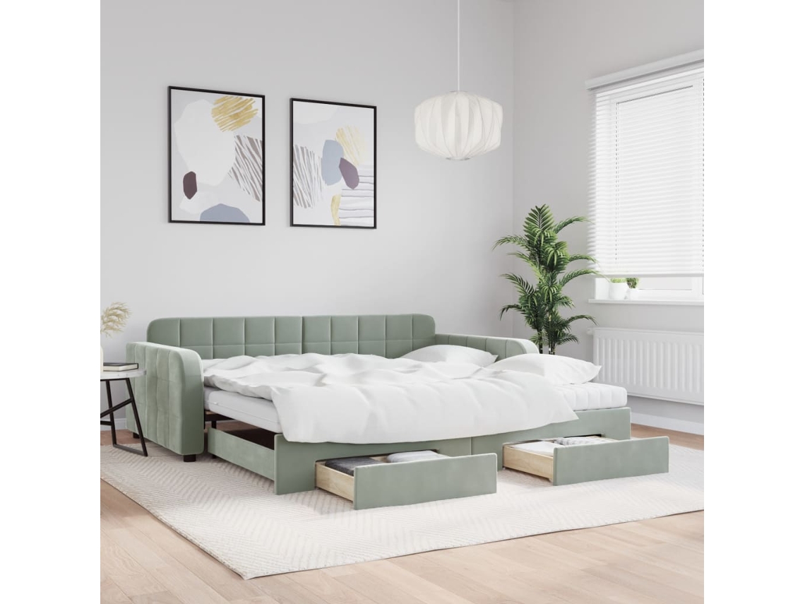 Sofá cama con cajones y terciopelo gris claro de 100x200 cm
