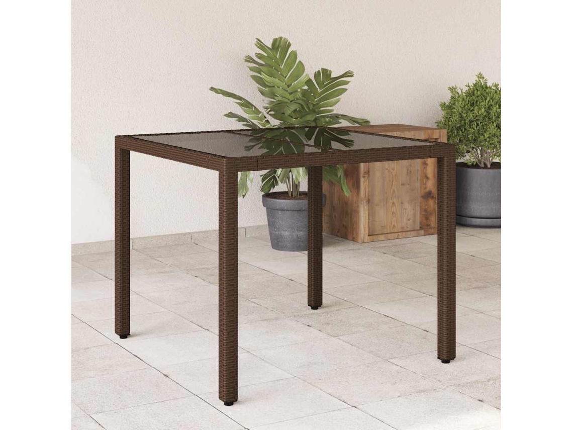 Vidaxl Mesa De Jardim Com Tampo De Vidro 90x90x75 Cm Vime Pe Castanho