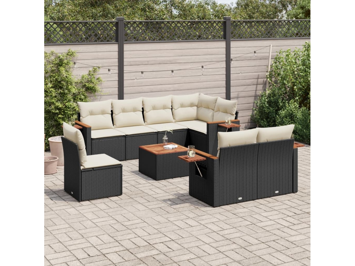 Vidaxl 9 Pcs Conjunto De Sofás P/ Jardim C/ Almofadões Vime Pe Preto