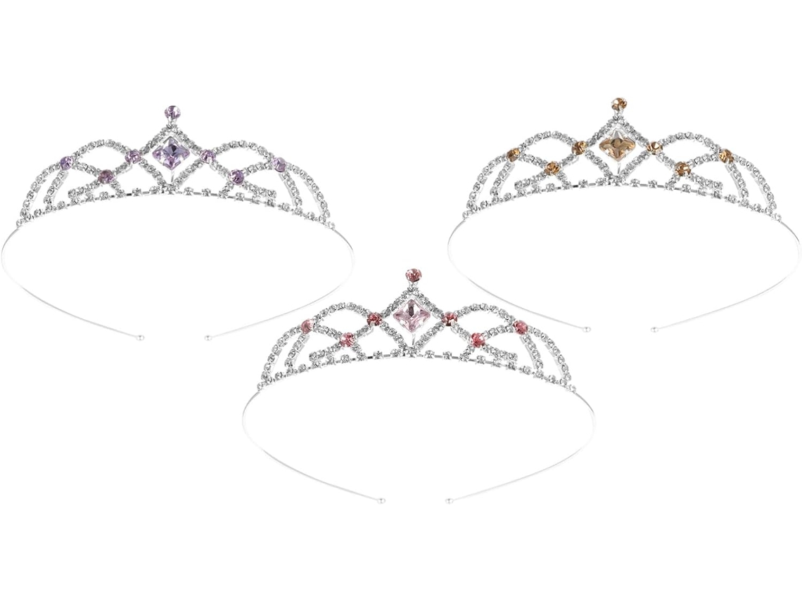 Conjunto De 3 Tiaras Com Coroa De Strass Nas Cores Rosa, Roxo E Bege Dourado. Leves E Confortáveis.
