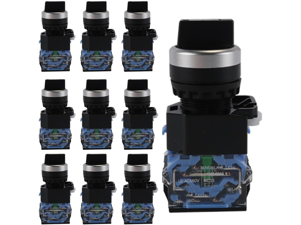 Pacote com 10 interruptores rotativos autotravantes Bem38-20x/31 de 3 posições, abertura de 22 mm, contatos de liga de prata.