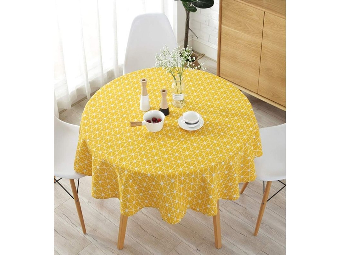 Toalha de mesa redonda de algodão e linho, 120 cm, sarja simples, decoração para cozinha e sala de estar, uso interno e externo, amarela