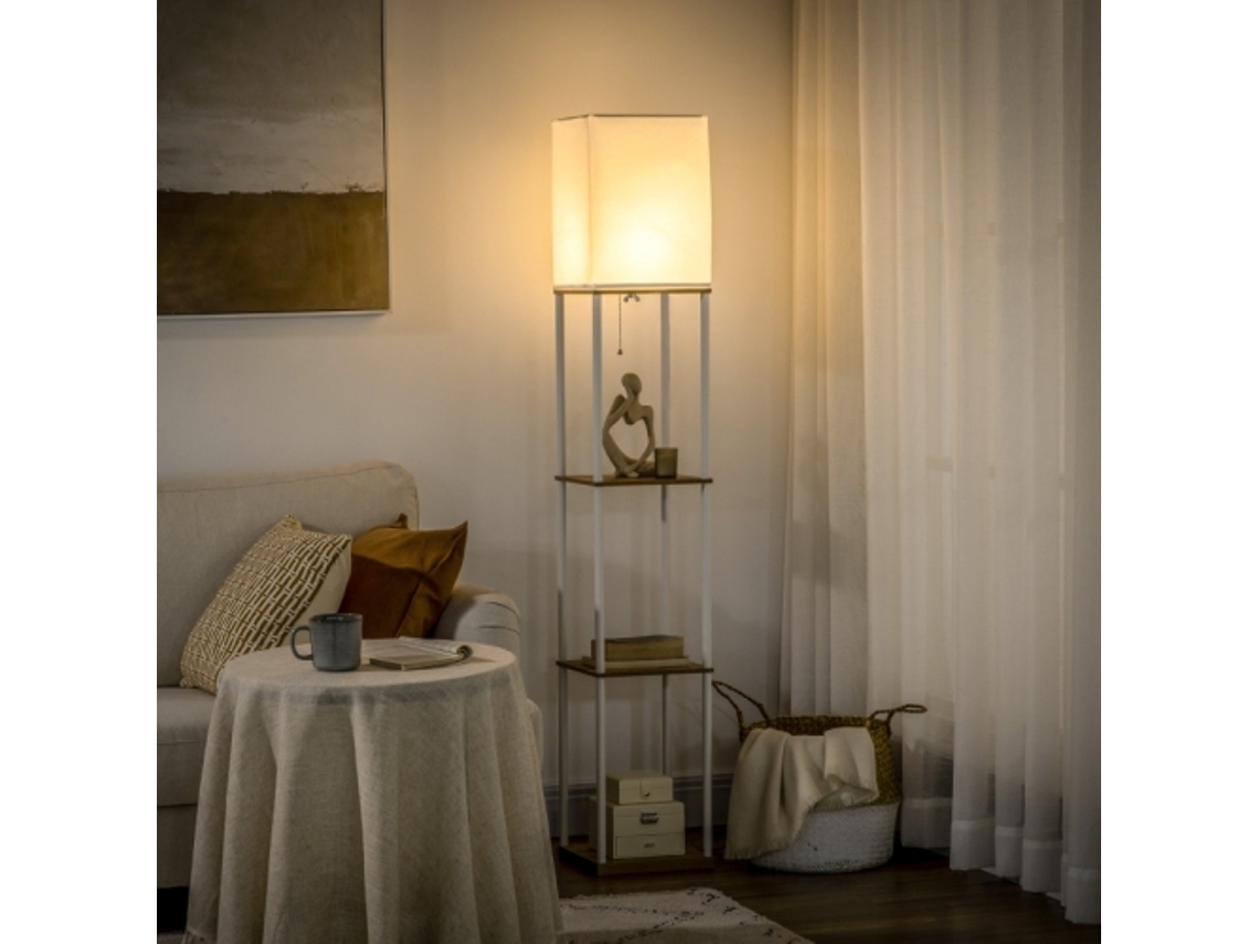 Luminária de pé e teto com prateleiras, armação de metal, tela de tecido, 26x26x159cm, branco/marrom