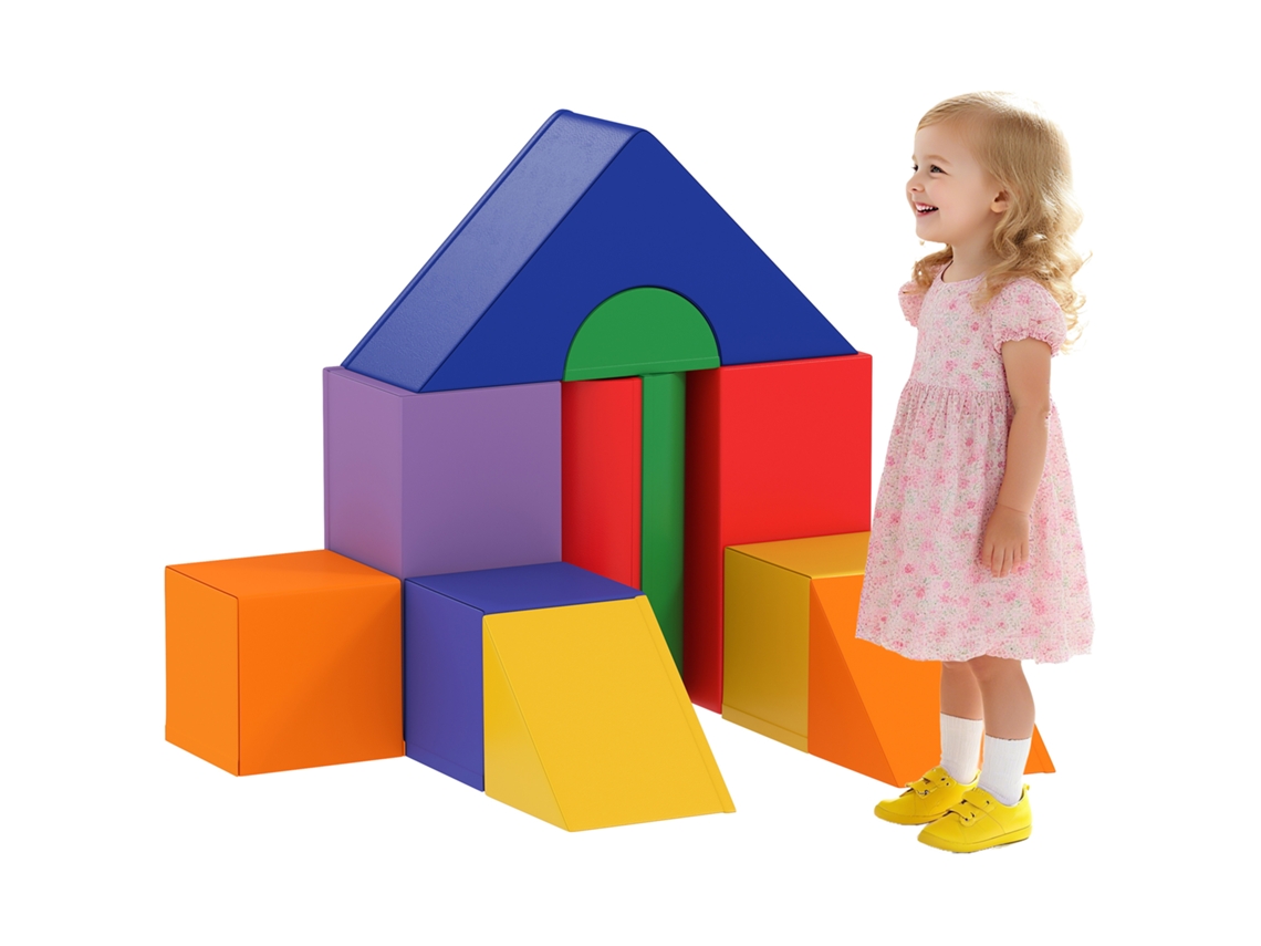 Conjunto educativo com 11 blocos grandes de espuma coloridos, ideal para empilhar, brincar e desenvolver habilidades em crianças de 1 a 3 anos.