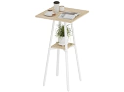 Mesa De Cozinha Alta Quadrada Com Prateleira Para 2 Pessoas, Pés De Metal, 55x55x95 Cm, Madeira Natural E Branca.