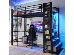 Cama Alta 90x200cm Preto Com Mesa, Gavetas, Usb, Type-c, Led, Escada E Prateleiras