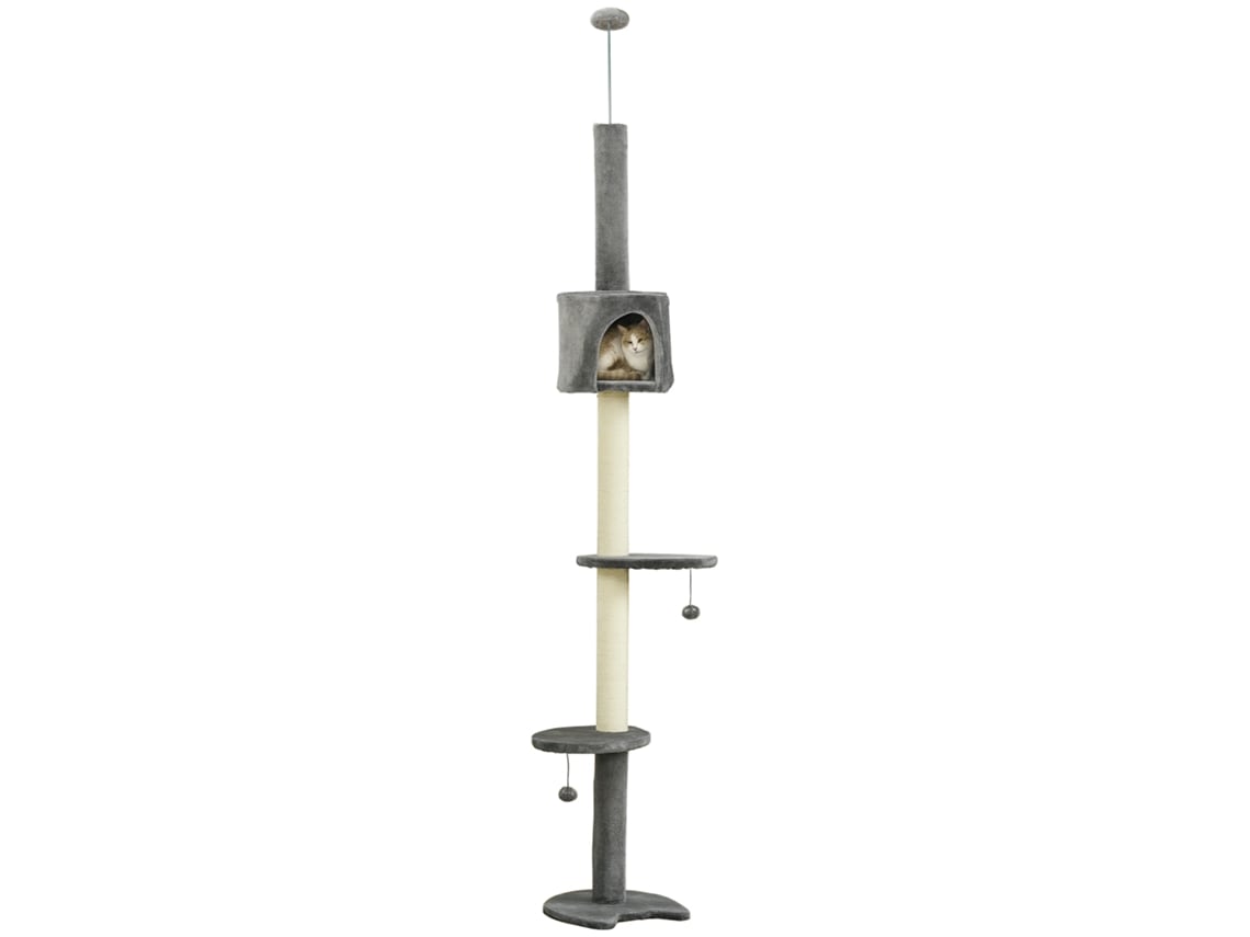 Árvore Arranhador para Gatos Fixada no Teto, Altura Ajustável 220 280cm, com Caverna, Plataformas, Sisal e Bolas, Cinza Claro ESSÊNCIACASA