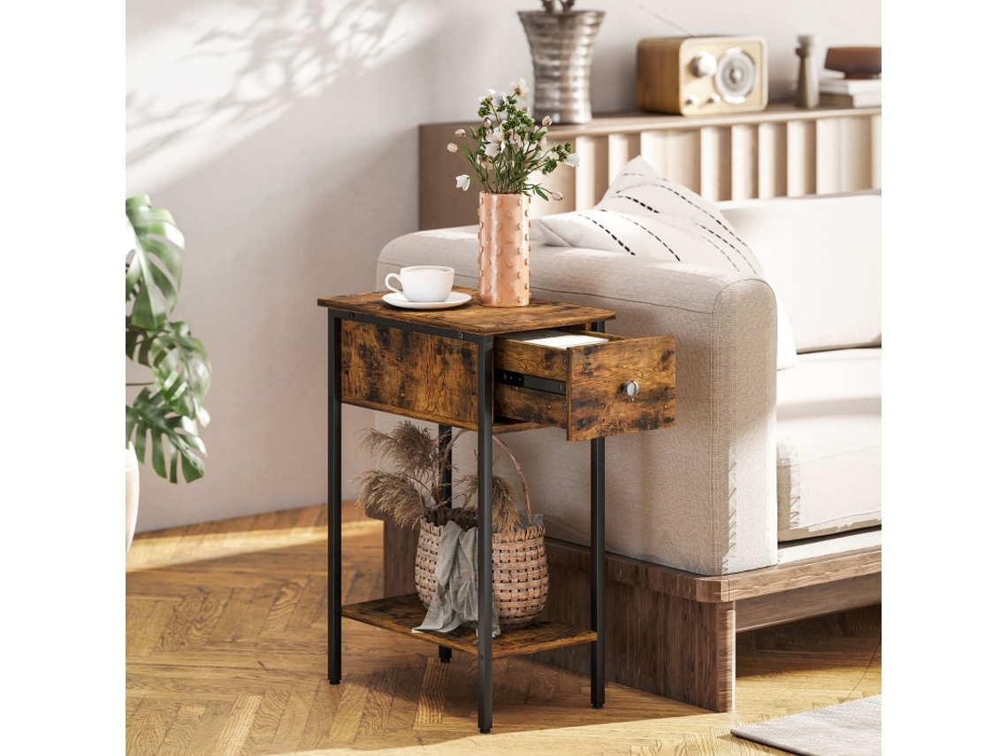 Mesinha De Canto Com Compartimento Aberto E Gaveta,criado Mudo,pés De Metal,madeira Marrom Mega Echo Trade Shop