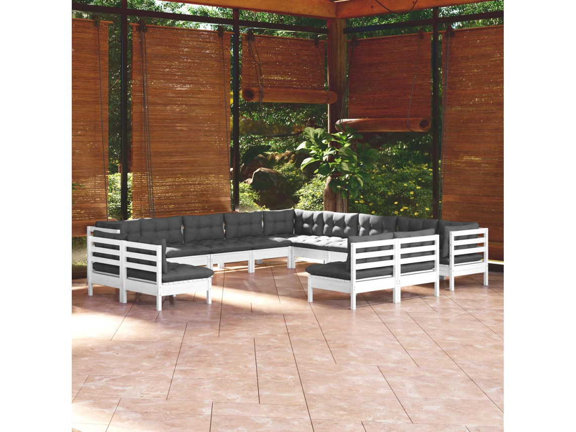 Conjunto 13 Peças Lounge De Jardim C/ Almofadões Pinho Maciço Branco Dkd Home Decor