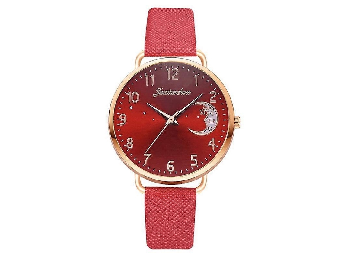 Relógio Feminino De Quartzo Com Mostrador Em Padrão De Lua E Pulseira De Pu, Cor: Vermelho