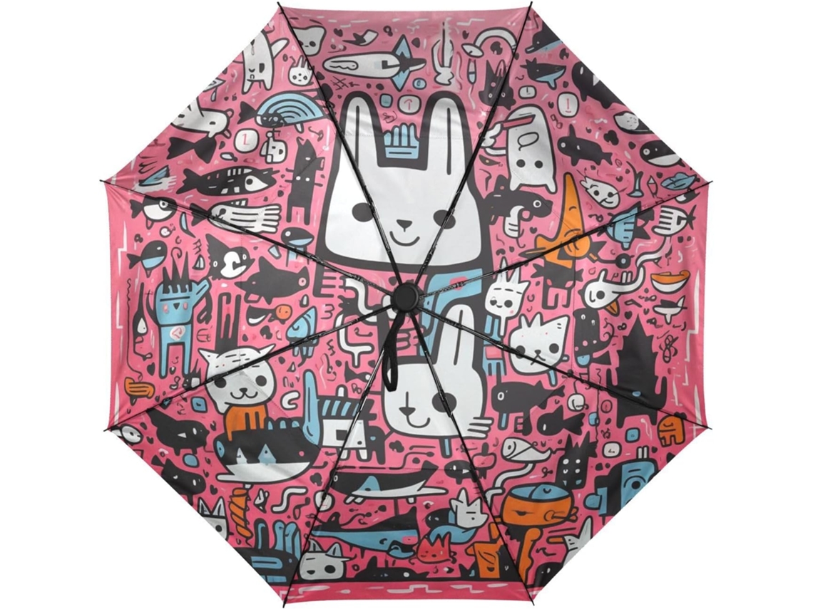 Guarda Chuva de Viagem Automático com Estampa Coelho Fofo Resistente Resistente Tecido Férias