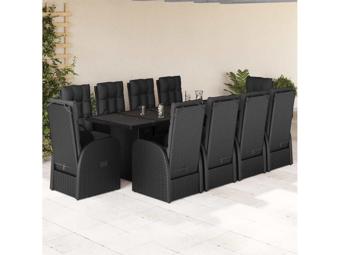 Vidaxl 11 Pcs Conjunto De Jantar P/ Jardim C/ Almofadões Vime Pe Preto