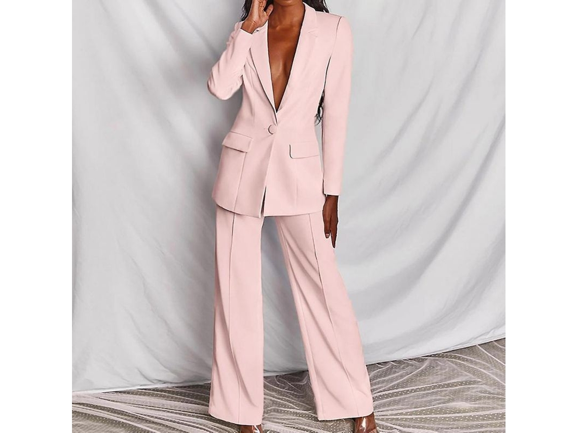 2026 conjunto de Traje para Mulher de Manga Longa Casual Elegante de Duas Peças com Calças XL Rosa