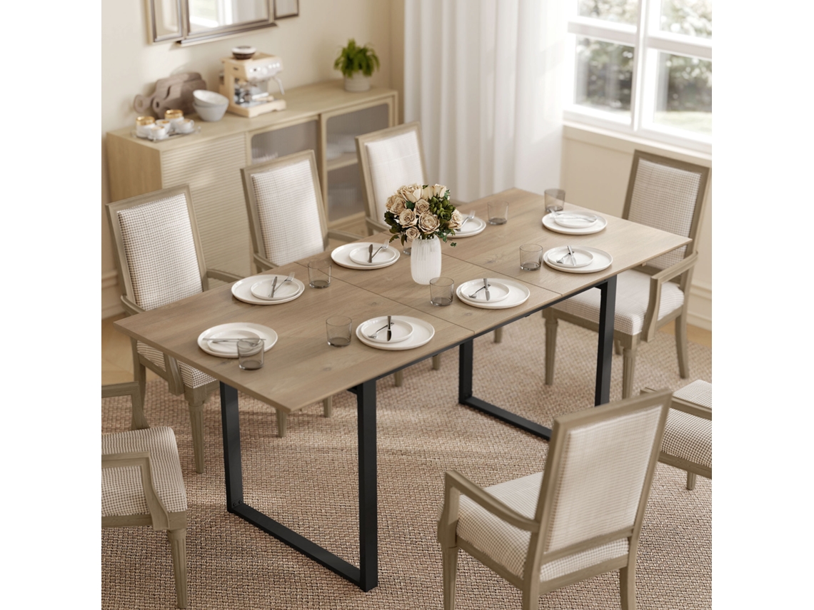 Extendable Dining Table For 6-8 People, 140-180 Cm, Rectangular Kitchen Table With Steel Base, Natural Wood + Black