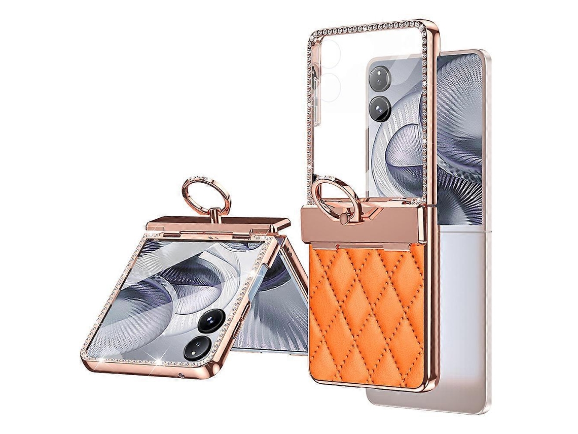 Capa Com Suporte De Anel E Strass Em Couro Capa De Pc Com Película Traseira Laranja Para Xiaomi Mix Flip 2