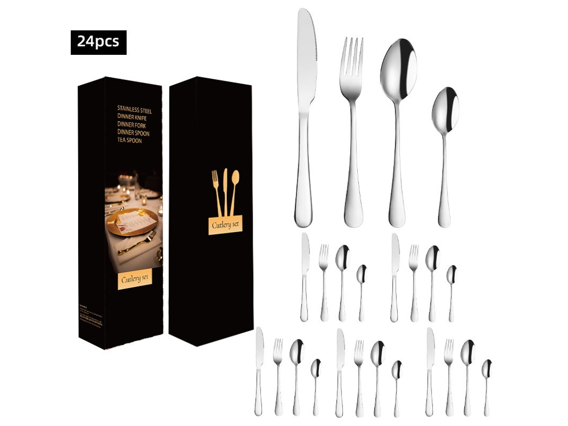 Conjunto De Talheres Em Aço Inoxidável (24 Peças - Prata) Com Facas, Garfos E Colheres Em Aço Inoxidável.