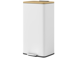 Balde De Lixo De Cozinha Com Pedal 20l Tampa De Bambu Com Fecho Suave 29,5x29,5x56,8 Cm Branco E Madeira