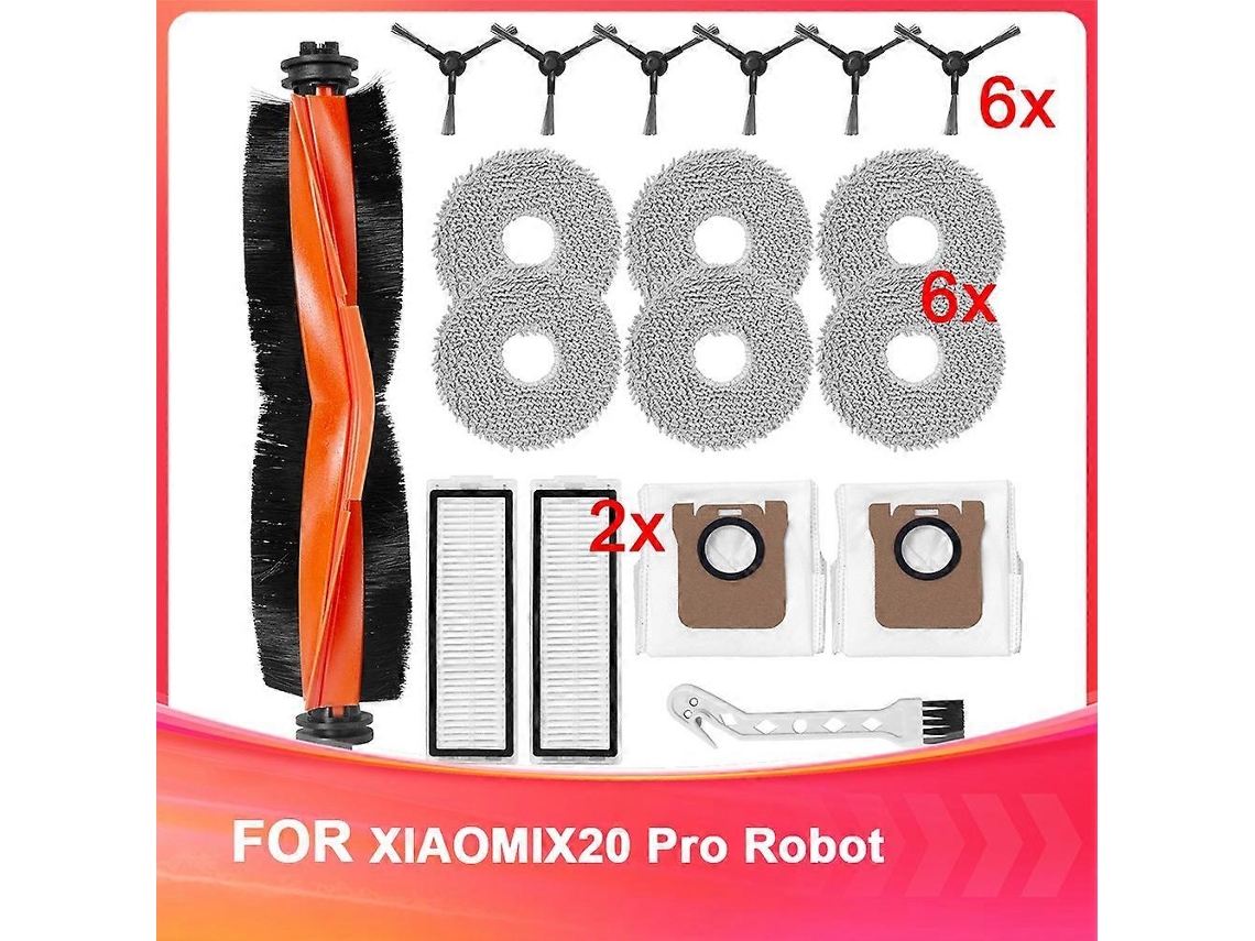 Conjunto de acessórios para aspirador robô X20 Max/X20 Pro, incluindo escova rotativa, escova lateral, panos de limpeza, filtros e saco para pó.