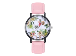 Relógio Feminino de Pulso Simples com Pulseira de Couro Pu Estampa de Frutas Rosa