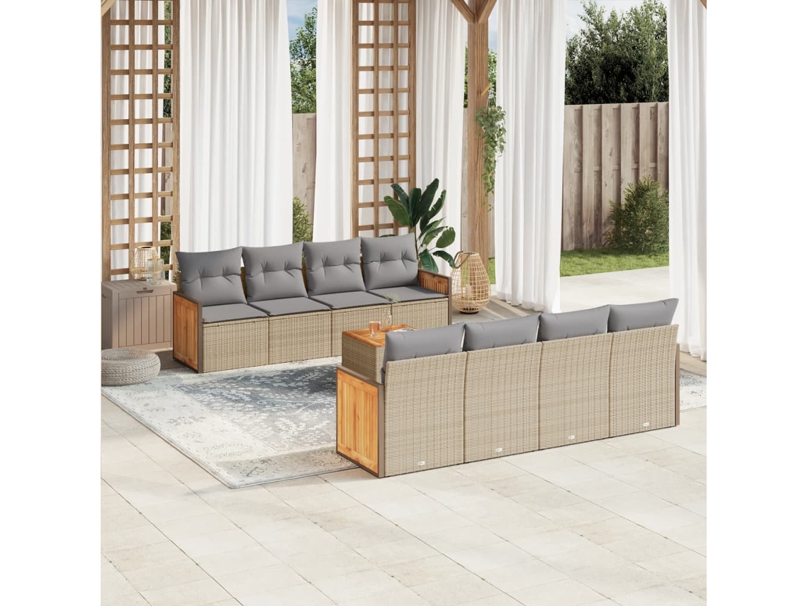 Vidaxl 9 Pcs Conjunto De Sofás P/ Jardim Com Almofadões Vime Pe Bege