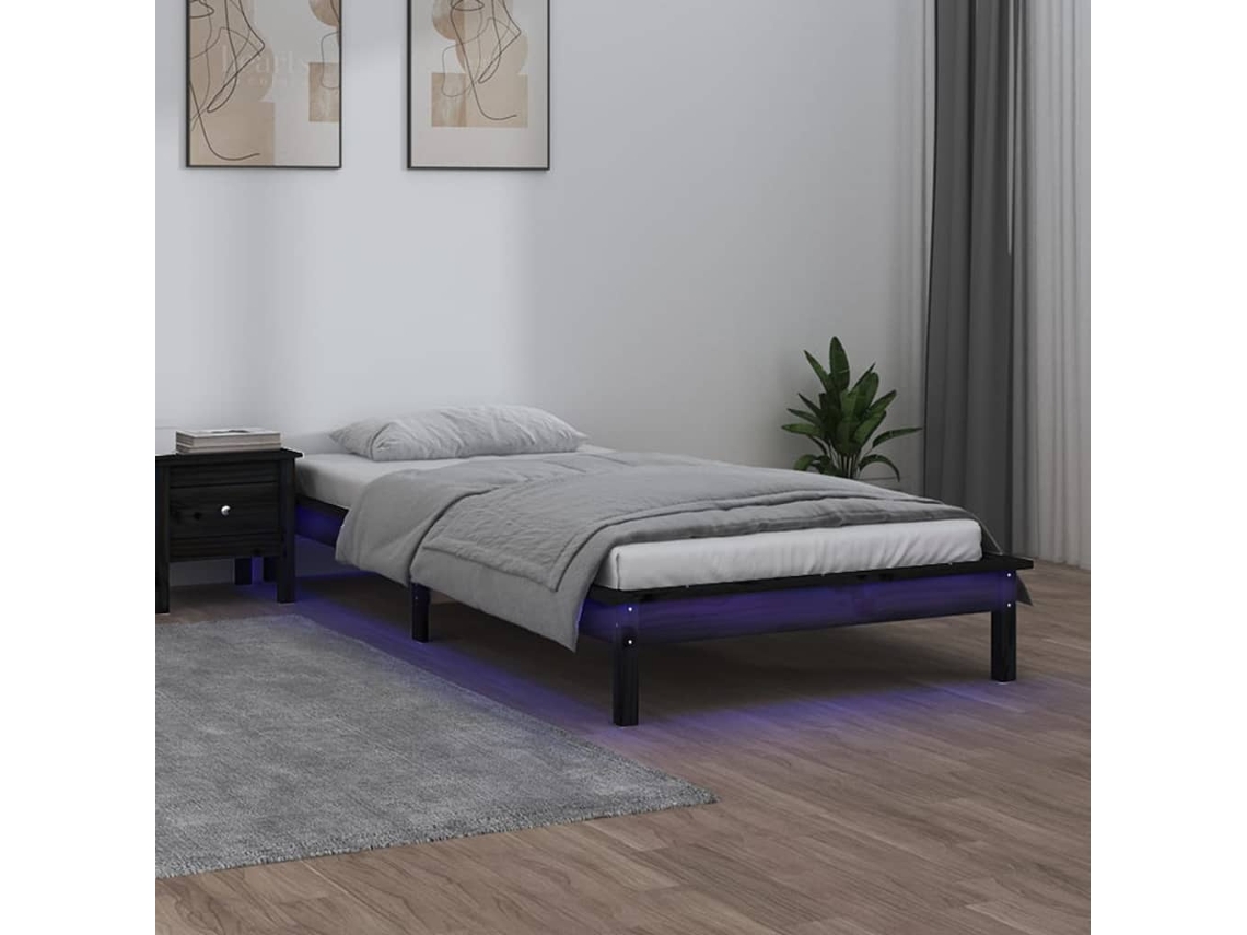 Vidaxl Estrutura De Cama C/ Luzes Led 90x200 Cm Madeira Maciça Preto