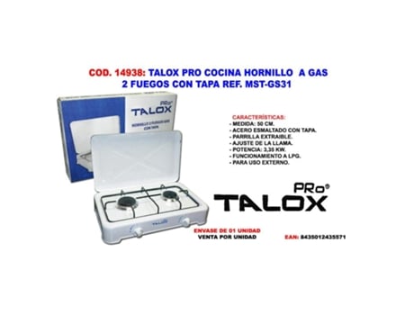 Talox pro cocina hornillo a gas 2 fuegos con tapa mst-gs31