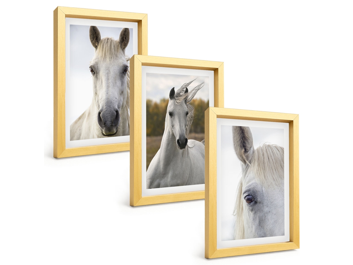 Composição De Quadroscavalos Brancos Na Natureza Moldura Dourada Imagens Para Um Quarto Infantil Espelharte (3 Peças 20x30 Cm)