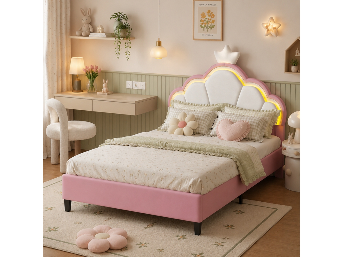 Cama Princesa 140x200 Cm em Forma de Coroa, Cama Infantil com Led e Cabeceira Acolchoada Ajustável, para Adolescentes e Meninas, Veludo, Rosa MEXUS