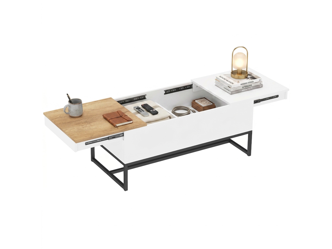 Mesa De Centro Baixa Extensível Com Tampo Deslizante E Pés Em Aço Branco