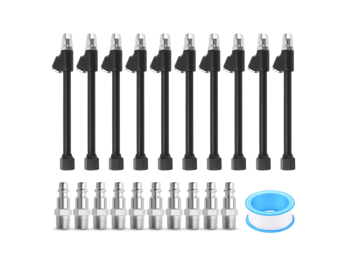 Conjunto de 10 mangueiras de ar com cabeçote duplo, conexão FNPT de 1/4", alcance estendido e 2 vias para caminhões, motocicletas e carros, na cor preta.