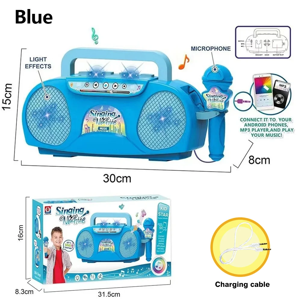 Máquina de Karaokê Elétrica Portátil com Microfone, Luzes e Instrumentos Infantis. MDUG (azul)