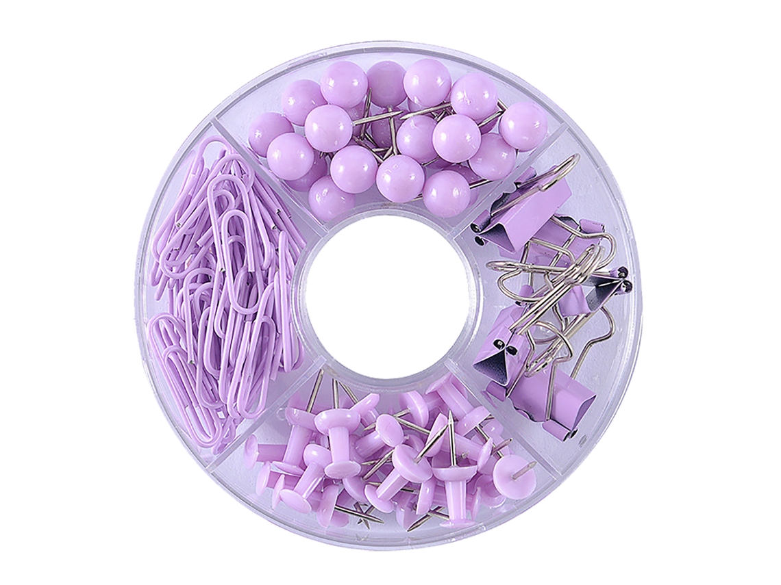 105pcs Kit De Clips De Oficina: Clips, Pinzas, Push Pins Y Tachuelas Púrpura
