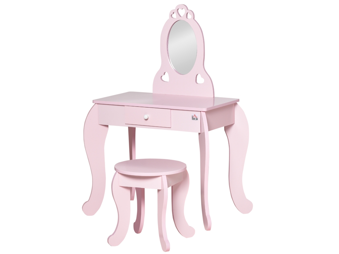 Toucador Infantil Com Banco E Espelho Estilo Princesa Mesa De Maquilhagem Com Gaveta 60x36x88cm Rosa