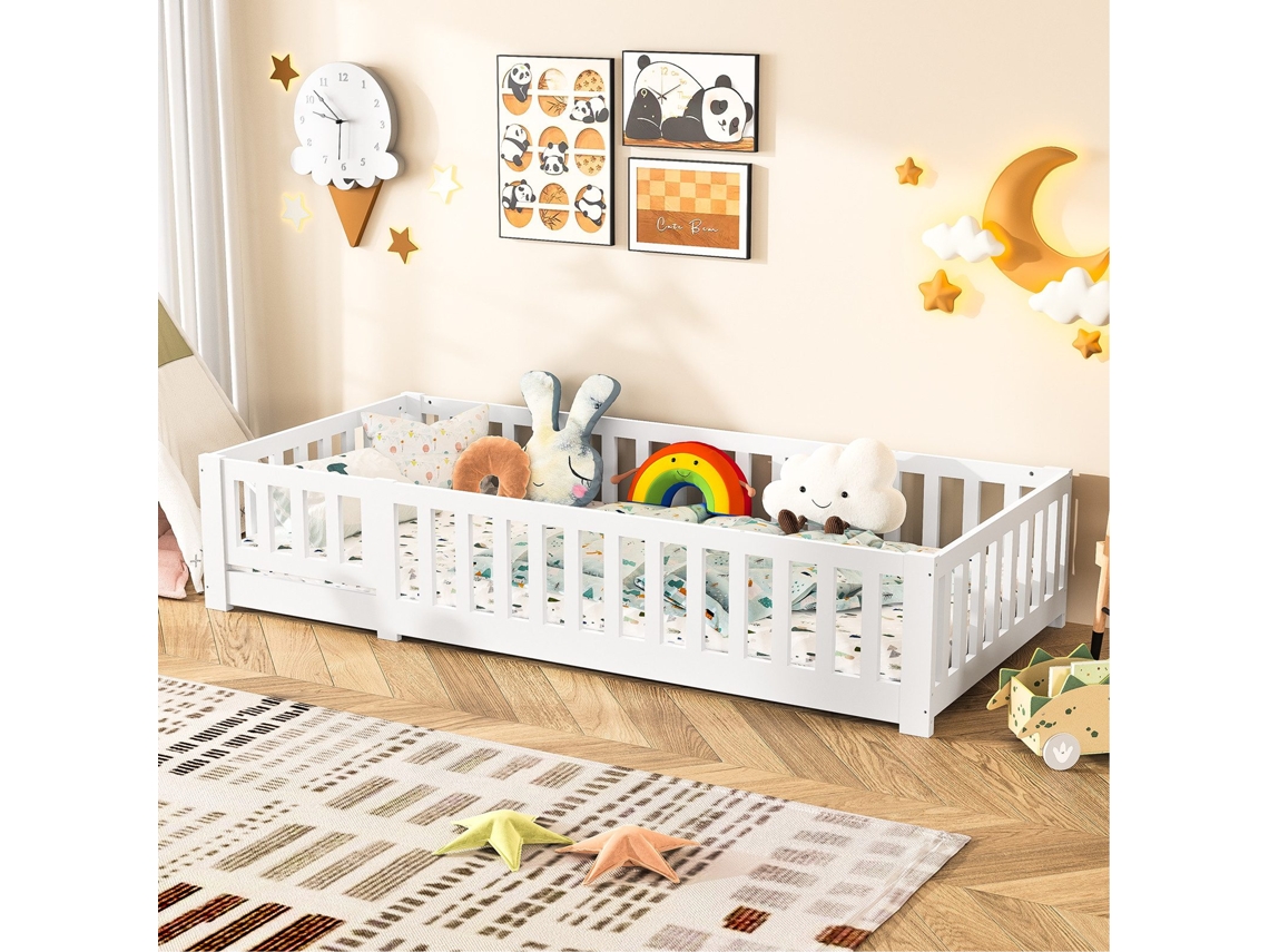 Cama Individual, Cama Em Madeira Maciã§a, Cama Em Madeira, 90x200 Cm, Cama Montessori De Pã©, Com Estrado De Ripas E Grade De Seguranã§a, Branca